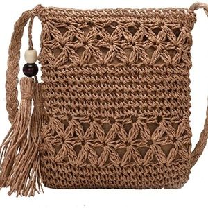 Straw Crossbody Bag for Woman, Summer Beach Handwoven Shoulder Handbag with Tass